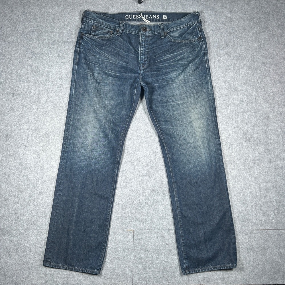 Guess Denim Jeans Mens 38x32 Blue Lincoln Slim Straight Distressed Faded Casual
